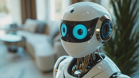 The image showcases a sleek humanoid robot with luminous blue eyes, designed to assist the elderly. It stands in a cozy, well-decorated room, hinting at a nurturing environment. The robot's polished surface reflects the soft light, creating a warm vibe. Emotions of care and reliance are evoked, illustrating technology's supportive role.の素材