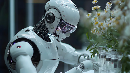 In a futuristic lab, a humanoid robot focuses intently on its task. It is surrounded by delicate white flowers and test tubes. The robot's sleek design and illuminated details enhance its advanced nature. The atmosphere is serene yet innovative, highlighting the blend of technology and nature in research settings.の素材