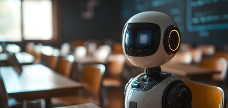 A humanoid robot stands in the foreground of an educational space. The background is blurred, revealing wooden tables and chairs, suggesting a classroom atmosphere. Its expressive digital face displays a friendly look, creating an inviting environment. This scene illustrates robotics' role in modern education, promoting interactive learning.の素材