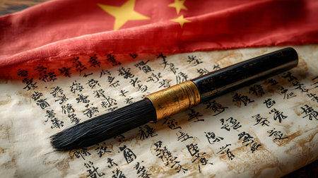 Chinese calligraphy with a Chinese flag on a wooden background.の素材