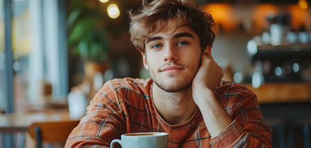In a cozy cafÃ©, a young man with tousled hair enjoys a cup of coffee, resting his chin on his hand. He wears a warm plaid shirt and smiles gently, expressing contentment. The warm ambiance features soft lighting and blurred background elements, capturing a moment of relaxation and comfort, evoking a homely vibe.の素材