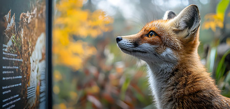 The image features a close-up of a curious fox, its expressive eyes gazing intently at nearby educational displays. The background is filled with autumnal colors, showcasing blurred foliage that adds depth. The fox exudes an inquisitive and alert demeanor, embodying the essence of wildlife exploration and conservation.の素材