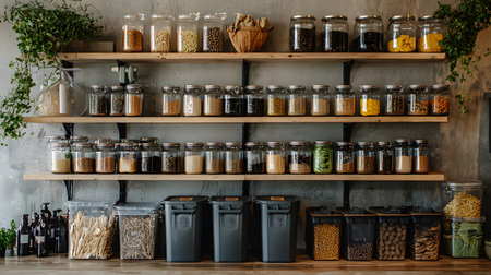 A harmonious zero waste kitchen setup featuring neatly arranged jars filled with grains, nuts, and pasta. The shelves are made of wood, complemented by greenery and a stylish grey backdrop. Glass canisters showcase diverse ingredients, while transparent bins hold utensils, creating an organized, eco-conscious atmosphere.の素材