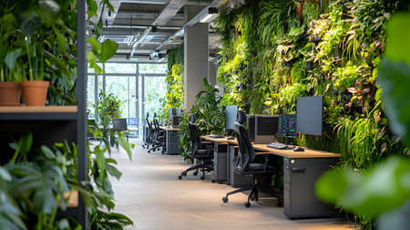 The image features a modern office environment, enriched with vibrant greenery and energy-efficient lighting. Workstations with ergonomic chairs line the corridor, surrounded by a rich backdrop of plants. Natural light pours through large windows, creating an atmosphere of calm and inspiration, balancing technology and nature.の素材
