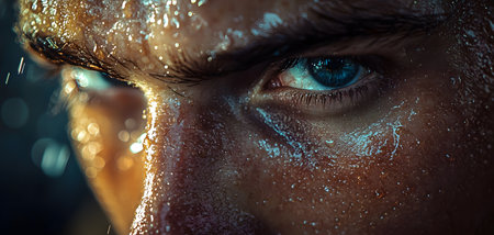 A focused close-up of an athlete's face, revealing beads of sweat on resolved skin, vibrant blue eye, and determined expression. Background is slightly blurred, enhancing the emotion.の素材