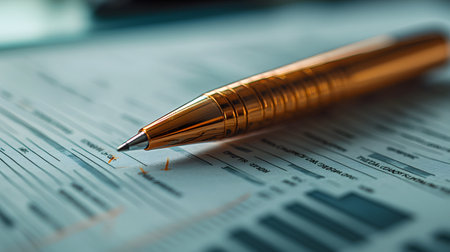 The image showcases a close-up of a meticulously organized financial document with a golden pen. The background is soft and slightly blurred, creating a professional atmosphere.の素材