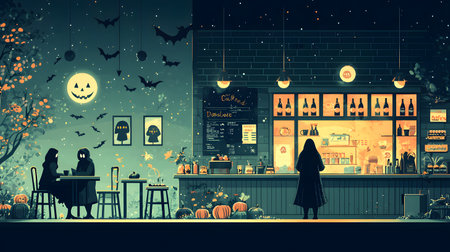 In a vibrant Halloween-themed cafÃ©, two cloaked figures enjoy beverages, while a third stands by. Bats fly and a bright moon illuminates the fun, spooky atmosphere, enhancing the enchantment.の素材