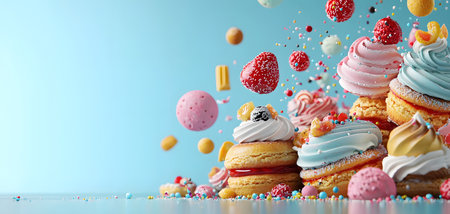 The image showcases floating desserts, colorful candies, and a light blue background, creating a dreamy atmosphere filled with joy and excitement from delightful desserts floating around.の素材