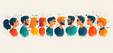 A colorful array of diverse individuals engaged in dialogue, showcasing various expressions while standing side by side, with a playful splash of colors enveloping them, reflecting a vibrant atmosphere.の素材