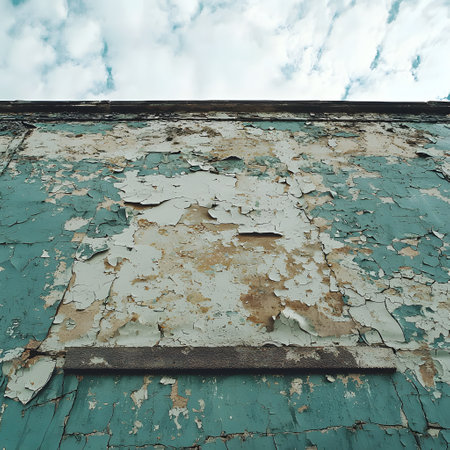 The image showcases a dilapidated wall with cracked paint, revealing layers of peeling color. The sky above is cloudy, contributing to the atmosphere of neglect and urban decay.の素材