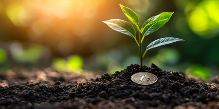 A vibrant seedling emerges from a coin nestled in rich soil, with a warm, blurry background enhancing hopefulness. The shiny coin represents economic potential intertwined with nature's resilience.の素材