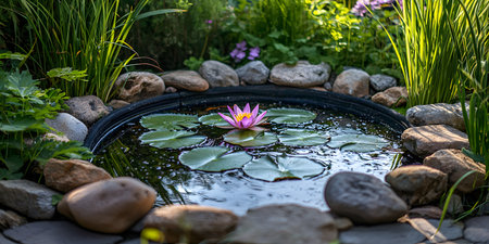A peaceful backyard pond featuring a vibrant pink water lily, surrounded by lush greenery and smooth stones. The sunlight casts gentle reflections, creating a serene and calming atmosphere.の素材