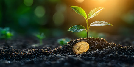 A small green sapling emerges from a gold coin nestled in rich soil, glowing under soft sunlight. The blurred background hints at lush vegetation, creating a tranquil, hopeful atmosphere.の素材