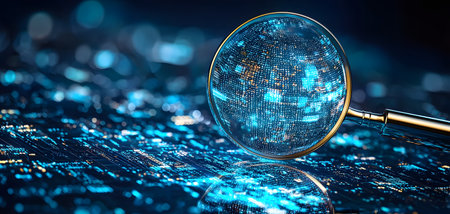 Magnifying glass and binary code. Technology concept. 3D Renderingの素材