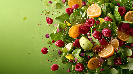 A colorful salad featuring fresh leafy greens, sliced fruits like oranges and raspberries, sprinkled seeds. The background is a solid green, enhancing the vividness of the salad's colors.の素材