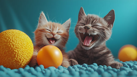 Two playful kittens with cheerful expressions share toys, surrounded by bright colors and a textured backdrop. Their joyful poses radiate happiness, creating a lively, adorable atmosphere.の素材