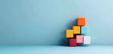This image features vibrant blocks in yellow, red, blue, pink, white, and orange stacked against a soft blue background, creating a bright yet tranquil atmosphere ideal for creativity.の素材