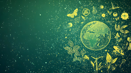 A colorful illustration of Earth surrounded by various plants, butterflies, and eco-friendly symbols, evoking harmony.の素材