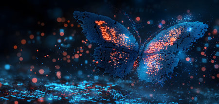 A pixelated butterfly glows with vibrant colors, suspended among shimmering particles in a digital realm.の素材