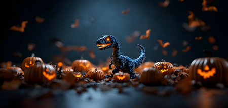 A glowing-eyed velociraptor stands amidst carved pumpkins and flying bats, creating a spooky Halloween vibe.の素材