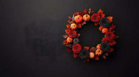 A beautiful floral wreath showcases vibrant pumpkins, dark roses, and autumn leaves on a solid black background.の素材