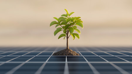 Green plant growing on solar panel, renewable energy concept. 3D renderingの素材