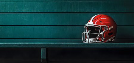 A vibrant red football helmet rests on a textured wooden bench, suggesting team preparation and anticipation. The background appears solid and dark, enhancing focus on the helmet.の素材