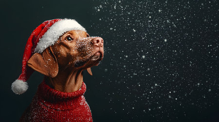 A joyful dog wearing a festive Santa hat is captured amidst falling snow, creating a delightful Christmas atmosphere. The background is solid, enhancing the mood.の素材