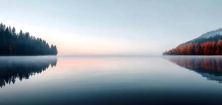 A serene lake at dawn enveloped in gentle fog, with vivid autumn trees reflecting on the water's surface.の素材
