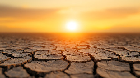 A vivid sunset casts a warm glow over cracked earth, evoking emotions of desolation and beauty. The scene conveys a sense of urgency about climate change and drought.の素材