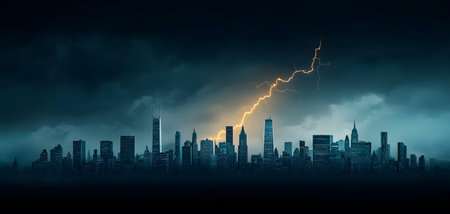 A dramatic city skyline silhouetted against a dark sky, as striking lightning illuminates the atmosphere, creating an electrifying yet foreboding scene.の素材