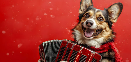 This joyful dog, wearing a red scarf, happily plays an accordion against a red background, spreading cheer. Snowflakes gently fall, enhancing the festive atmosphere delightfully.の素材