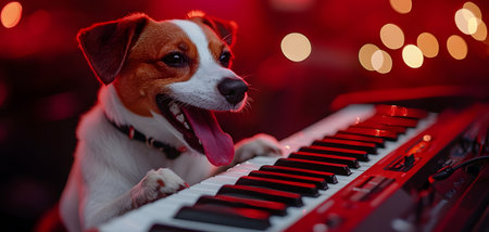 A cheerful dog with its tongue out joyfully plays a piano. The background features a vibrant red hue, enhancing the playful mood, with blurred light spots adding to the atmosphere.の素材
