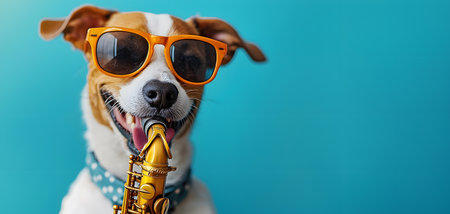 The image features a joyful dog wearing sunglasses and playing a saxophone against a solid blue backdrop. Its happiness and charm radiate in action and pose.の素材