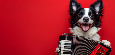 A cheerful dog joyfully plays an accordion, showcasing its teeth and lively spirit against a bright red background. The atmosphere feels playful and energetic.の素材