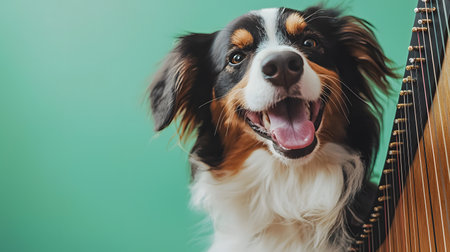 The image features an exuberant dog joyfully interacting with a harp, set against a bright green background.の素材