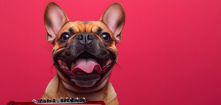 A cheerful dog is playing a harmonica with a joyful expression. The image features a vibrant red background.の素材