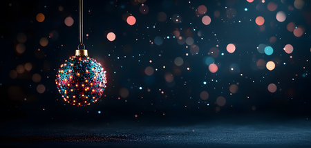 A vibrant ornament adorned with LED lights hangs gracefully, set against a dark background with soft bokeh. The festive atmosphere is enchanting, creating a joyful mood.の素材