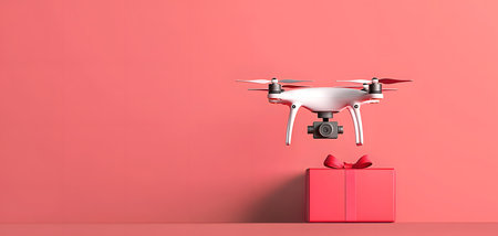 A sleek drone hovers above a festive red gift box adorned with a bow, set against a soft coral background. The atmosphere is cheerful, capturing holiday spirit and modern tech.の素材