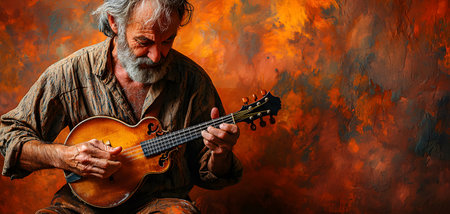 An elderly man plays a mandolin with concentration. He wears a textured shirt, exuding peace in colorful, abstract surroundings that are not transparent.の素材