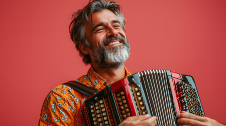 A joyful man with a beard grins widely while playing an accordion, wearing a colorful floral shirt. The background is solid red, enhancing the cheerful atmosphere of the scene.の素材