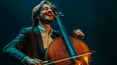 A man joyfully plays the cello, immersed in his music. His laughter radiates happiness. The background is dark, emphasizing his vibrant emotions and passionate performance.の素材