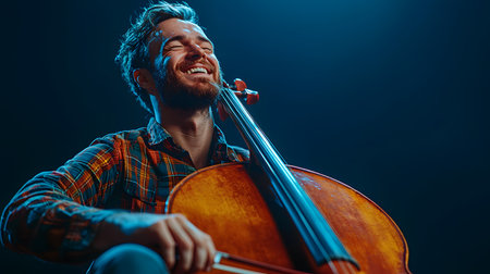 A joyful man plays the cello, evoking happiness. He smiles widely, showcasing passion amid a dark background.の素材