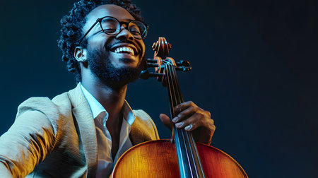 A man smiles broadly while playing a cello, showcasing vibrant colors and textures. The background is dark, emphasizing his joyful expression and the instrument.の素材