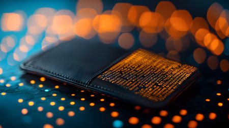 A sleek digital wallet displaying glowing currency exchange rates, set against a colorful bokeh backdrop. The wallet is positioned prominently to capture attention.の素材