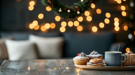 A festive scene featuring a beautiful wreath above a wooden table holding sweet treats and a cozy mug. The background has soft bokeh lights, enhancing the warmth.の素材