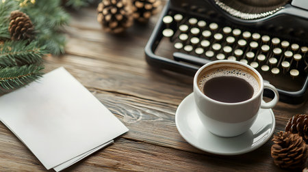 A warm coffee cup next to a vintage typewriter, surrounded by pinecones and a blank paper, evoking a cozy holiday spirit.の素材