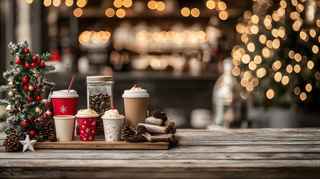 A festive coffee cart features various styled cups, syrups, and a mini Christmas tree, emitting warmth. The blurred background highlights holiday spirit and cheer.の素材