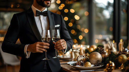 Cropped image of man in tuxedo holding glasses of champagne while sitting at christmas tableの素材