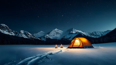 Camping in winter mountains at night. Conceptual image of travelの素材